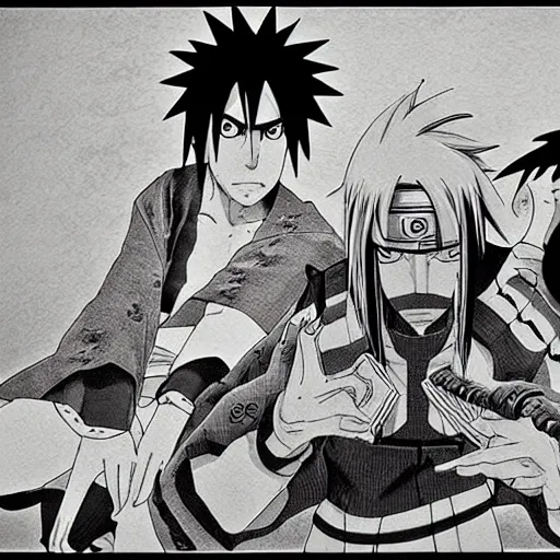 Image similar to Sasuke and Frank Zappa save Naruto manga panel award winning black and white art by Frank Zappa and Kishimoto highly detailed pen and ink matte painting