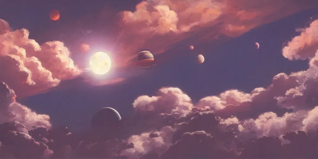 Image similar to blue dreamy cloudscape with a single planet in the clouds, daylight, cinematic lighting, cinematic perspective, syd mead, john harris, federico pelat,