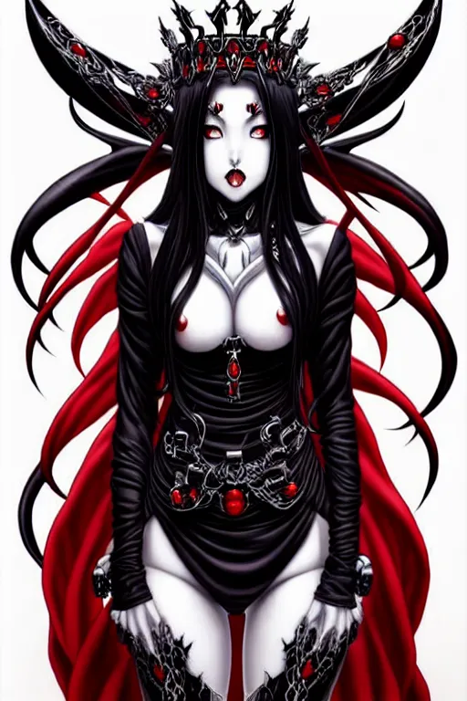 Image similar to single beautiful demon queen woman only, manga style only, black white and red colors only, symmetrical face, symmetrical full body, demonic, dramatic, powerful, super detailed and intricate, hyper realistic, 4 k render, by artgerm, by kyoung hwan kim, by ralph mcquarrie, by yoshiyuki tomino