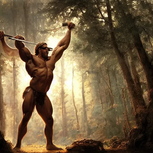 Prompt: handsome portrait of a minotaur bodybuilder posing, radiant light, caustics, war hero, surrounded by forest, by gaston bussiere, bayard wu, greg rutkowski, giger, maxim verehin