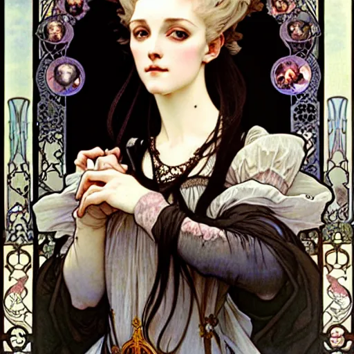 Prompt: realistic detailed face portrait of young Gothic Queen Marie Antoinette by Alphonse Mucha, Ayami Kojima, Yoshitaka Amano, Charlie Bowater, Karol Bak, Greg Hildebrandt, Jean Delville, and Mark Brooks, Art Nouveau, Pre-Raphaelite, Neo-Gothic, gothic, Art Nouveau, intricate fine details, exquisite, rich deep moody colors