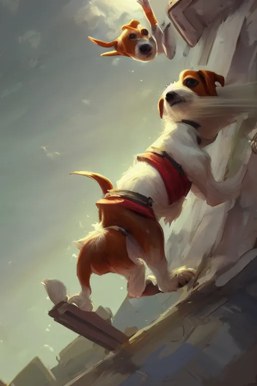 Prompt: adorable jack russel terrier jumping over a small house, wide angle fantasy art, artstation character design contest winner, trending on cgsociety, concept art, speedpaint, beautiful digital art, jesper ejsing, james jean, justin gerard, fenghua zhong, makoto shinkai, highly detailed