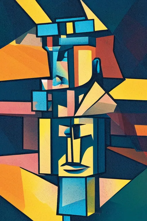 Image similar to cubist moai statue cutout digital illustration cartoon colorful beeple