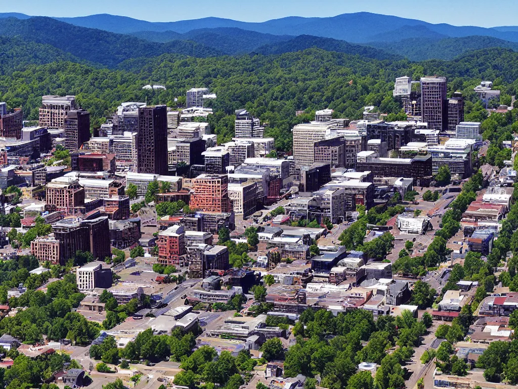 Image similar to “ aerial image of downtown asheville nc in the style of sim city 2 0 0 0 ”