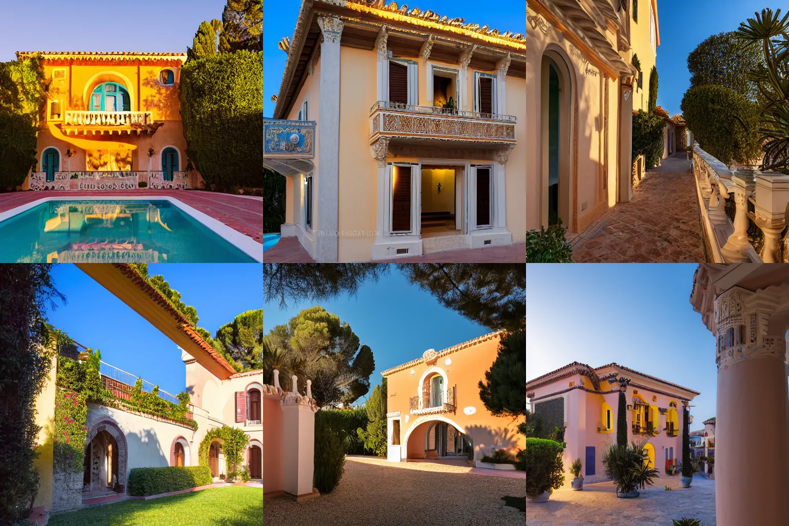 Prompt: High-quality DSLR photography of the facade of a neo-moorish villa in the French Riviera at dawn, wide-angle, warm lighting, long shadows, beams of sunlight.