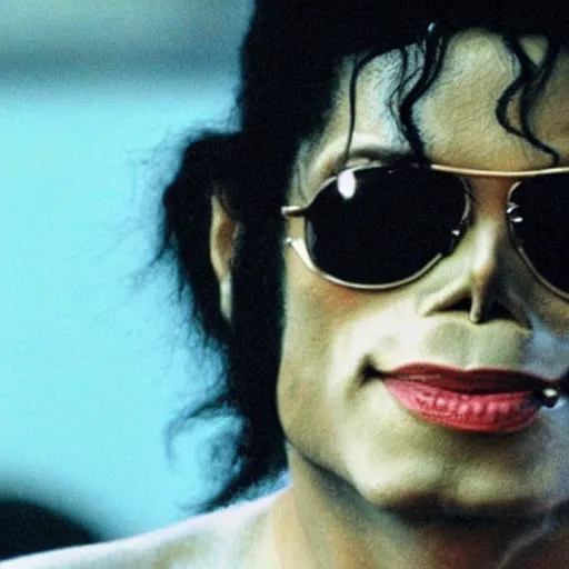 Image similar to michael jackson 2 0 0 9 wearing shades, alone, this is it style, photo real, pores, motion blur, sitting with bubbles the chimp window open, real life, spotted, ultra realistic face, accurate, 4 k, movie still, uhd, sharp, detailed, cinematic, render, modern