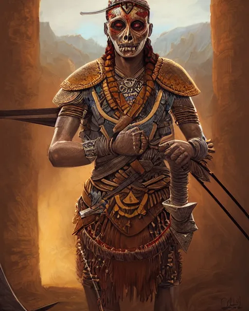 Image similar to digital painting of an aztec undead archer by filipe pagliuso and justin gerard, symmetric, fantasy, detailed, intricate, portrait, sharp focus, tarot card, handsome, gwent