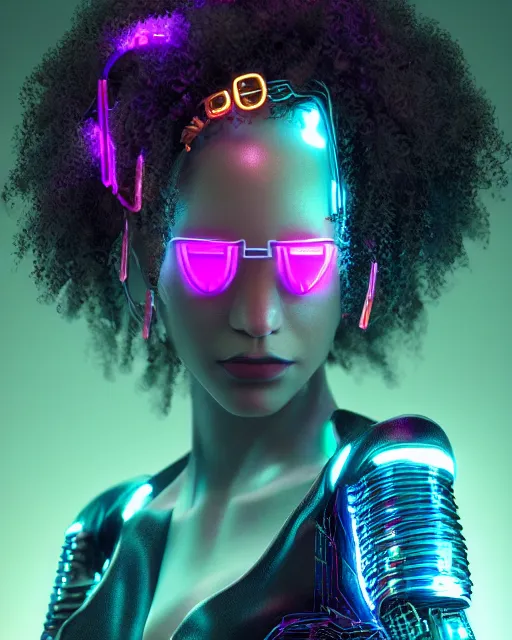 Prompt: a cyberpunk mulatto beauty queen, by wlop, by justin bua, motherboard, circuitry, wires, neon lights, beads, curly afro, micro detail, octane render, sci - fi, intricate, 8 k, cgsociety