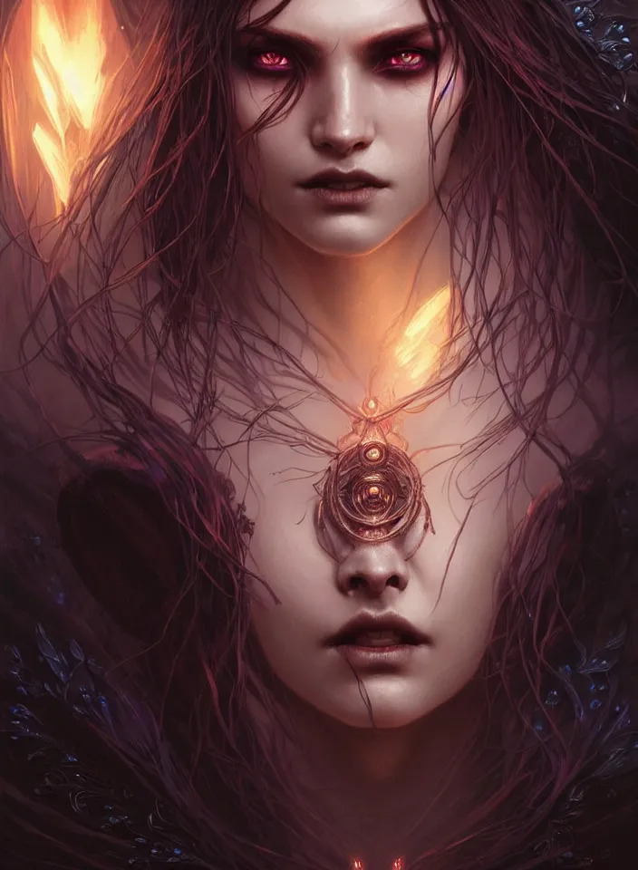 Image similar to Necromancer Sorceress face close-up macro in center, fantasy magic, undercut hairstyle, dark light night, intricate, elegant, sharp focus, illustration, highly detailed, digital painting, concept art, matte, art by WLOP and Artgerm and Greg Rutkowski and Alphonse Mucha, masterpiece