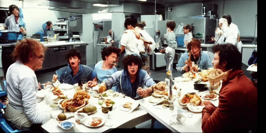 Prompt: color film still, behind the scenes of filming, actors eating lunch. ; alien 2 ( 1 9 8 6 )