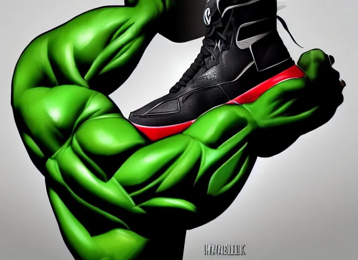 Image similar to basketball sneakers concept of hulk, trending on artstation, smooth, sharp focus