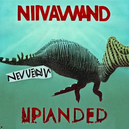 Image similar to Nirvana Nevermind album cover with a spinosaurus