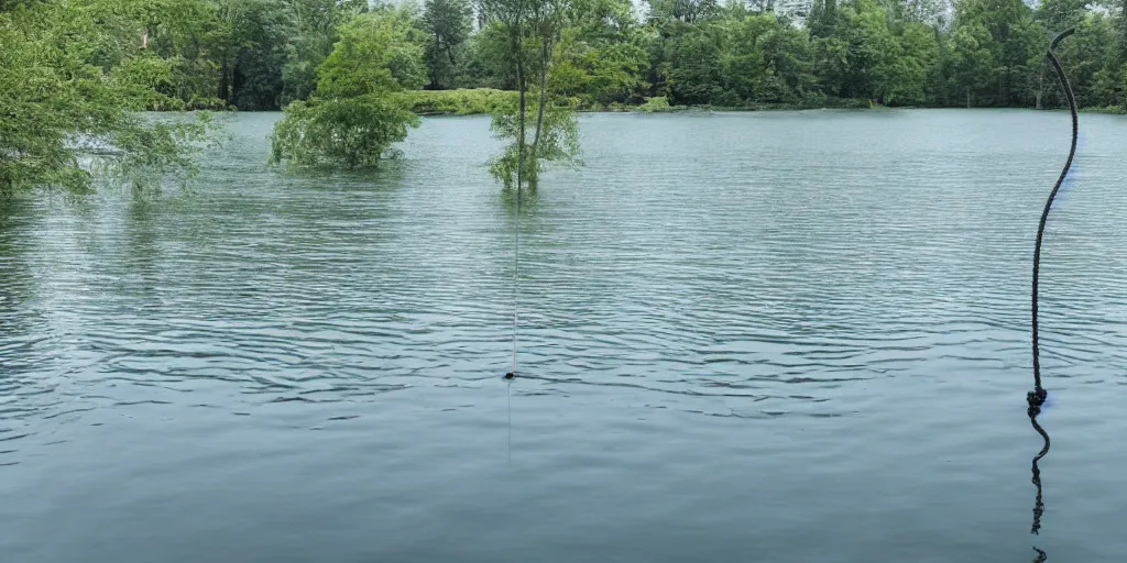 Image similar to symmetrical photograph of an infinitely long rope floating on the surface of the water, the rope is snaking from the foreground stretching out towards the center of the lake, a dark lake on a cloudy day, trees in the background, anamorphic lens