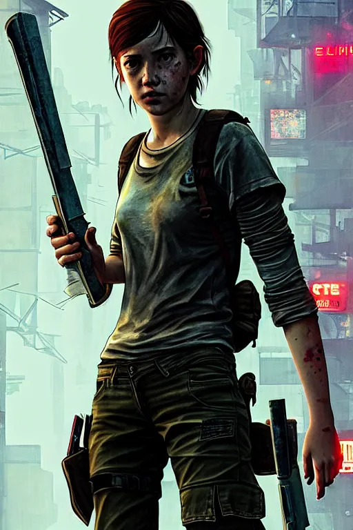 Image similar to ellie from the last of us part 2, cyberpunk futuristic neon. fencing, long sword in her hand, decorated with traditional japanese ornaments by ismail inceoglu dragan bibin hans thoma greg rutkowski alexandros pyromallis nekro rene maritte illustrated, perfect face, fine details, realistic shaded, fine - face, pretty face, masterpiece