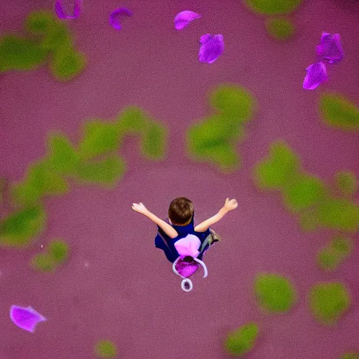 Image similar to closeup photo of 1 lone purple petal flying above a kids in park, aerial view, shallow depth of field, cinematic, 8 0 mm, f 1. 8 - c 1 1. 0