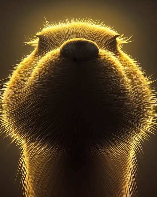 Image similar to portrait of funny giant cute eyes capybara, intricate abstract. intricate artwork, by tooth wu, wlop, beeple, dan mumford. concept art, psychedelic lighting, octane render, trending on artstation, greg rutkowski very coherent symmetrical artwork. cinematic, key art, hyper realism, high detail, octane render, 8 k, iridescent accents