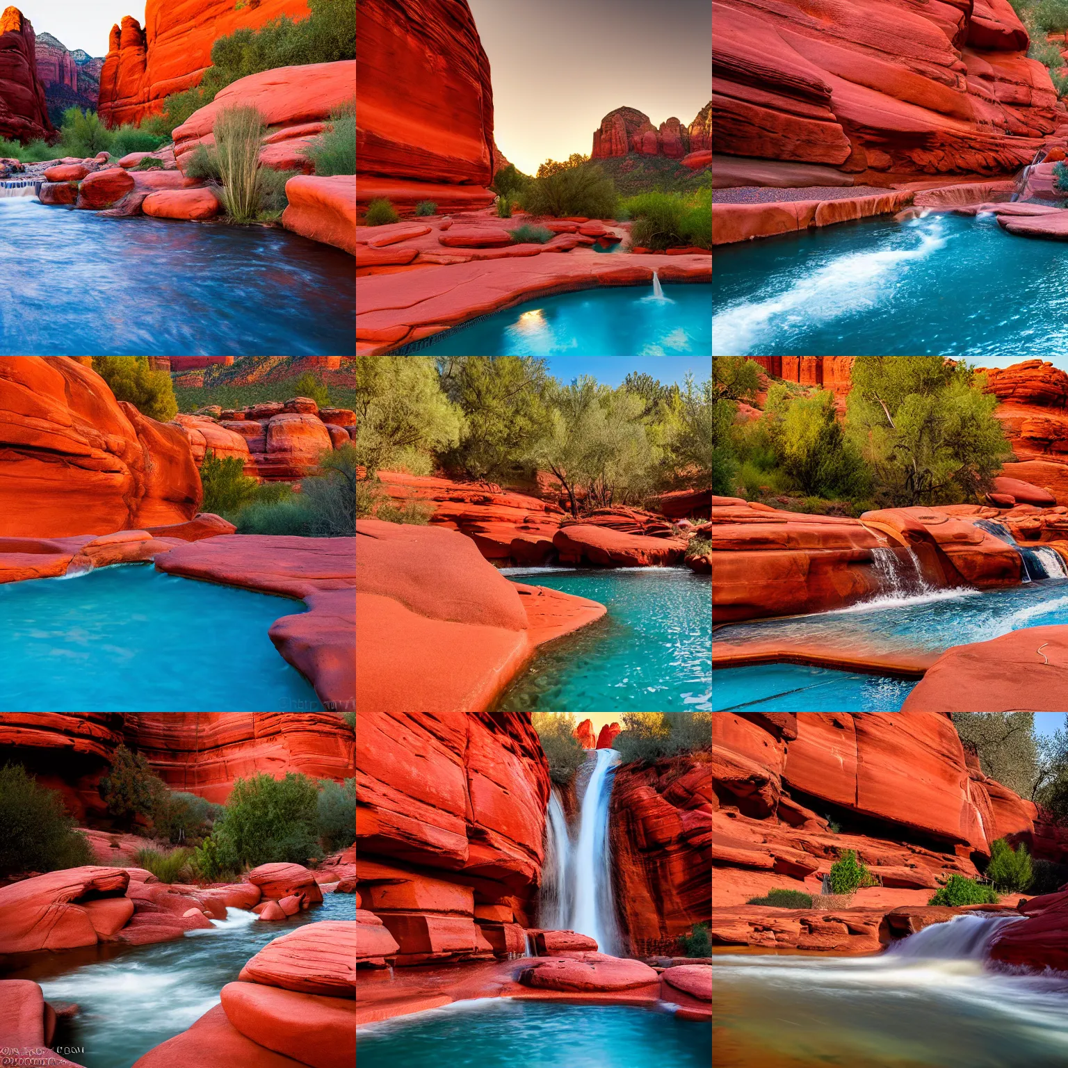 Prompt: a swimming pool river flowing between majestic red rocks in Sedona Arizona, golden hour