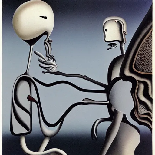 Image similar to Two mechanical beings in a deep conversation. Dali. Yves Tanguy,