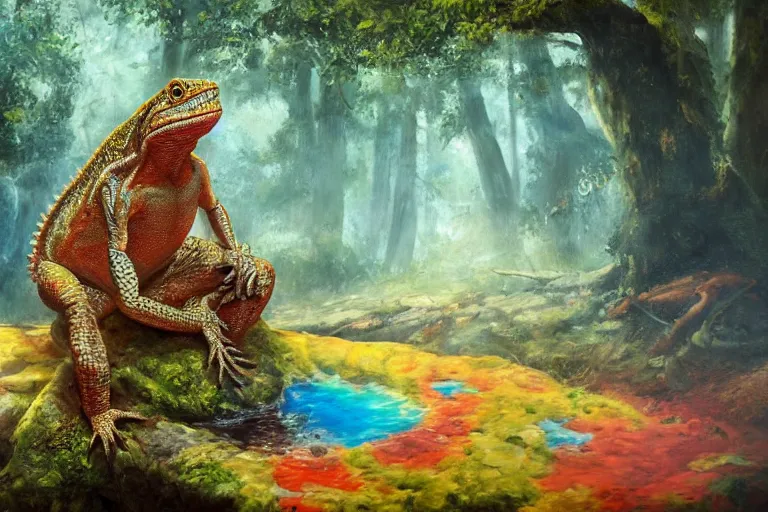 Prompt: highly detailed oil painting of a lizard man sitting in a steaming colorful hotspring with woodland forest backdrop, featured on artstation