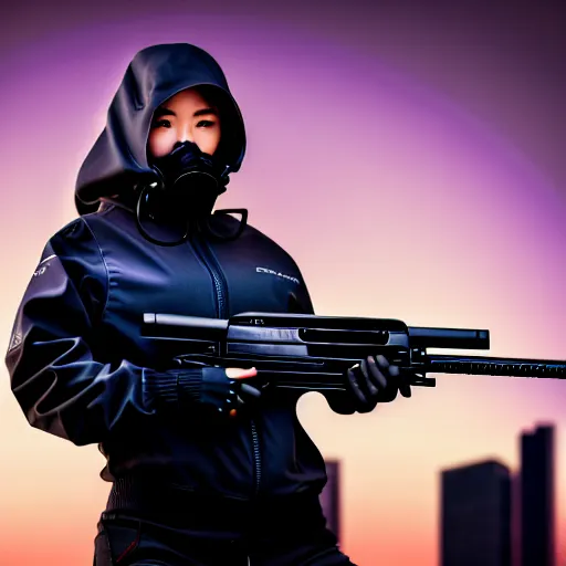 Image similar to photographic portrait of a techwear woman holding a shotgun, closeup, on the rooftop of a futuristic city at night, sigma 85mm f/1.4, 4k, depth of field, high resolution, full color, Die Hard, movies with guns, movie firearms