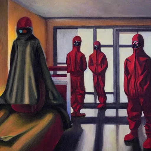 Image similar to pandemic hospital, hazmat suits, dystopian, pj crook, edward hopper, oil on canvas