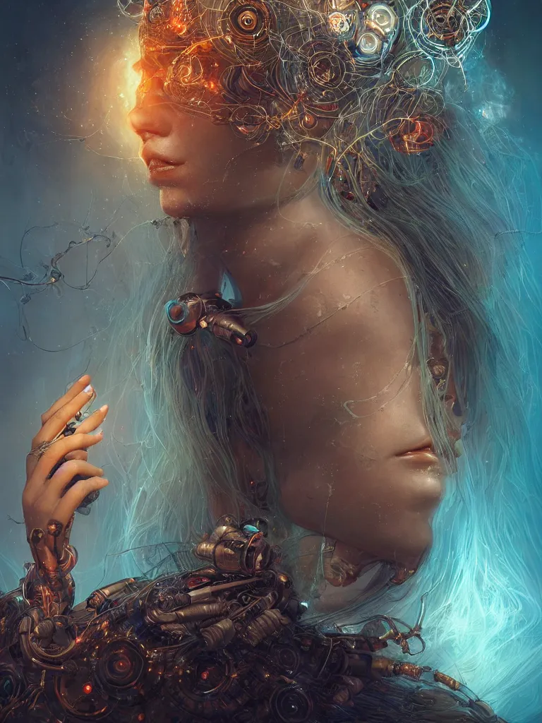 Image similar to an ancient mystical alluring female shaman generating flowing energy and surrounded by wisps of incense smoke sits meditating in a magical cybernetic robot temple, face face face, by karol bak and artgerm, 3 d, cinema 4 d render, trending on artstation