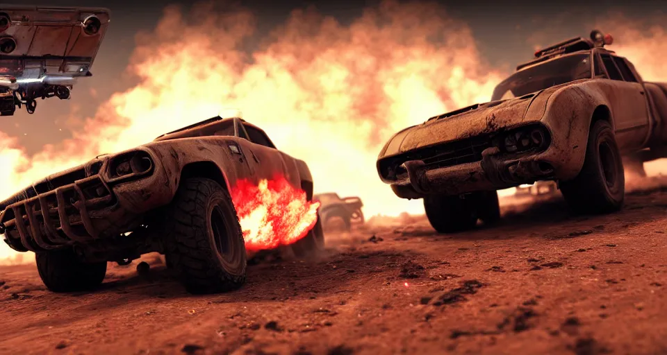 Image similar to macro closeup photo of combat teslatruck being chased in a post apocalyptic fallout 4 desert, 3 pm, smoke, dust, embers, mad max, action, speed, rocket league, volumetric lighting, hdr, need for speed, gta 5, ridley scott, syd mead, craig mullins, cinematic, fast and furious, blade runner, octane, 8 k