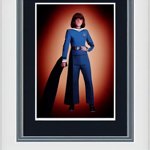 Image similar to a full body photograph of younger elisabeth sladen as a star fleet science officer from star trek next generation, full dress uniform, symmetrical face, extreme realism and detail, 8 k, completely framed, direct lighting, 3 5 mm photo, photorealistic, sharp focus