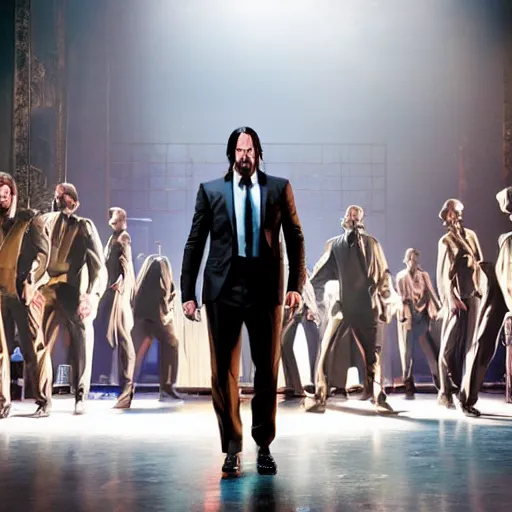 Image similar to Production photo of John Wick the musical on broadway, dancing, singing, fighting, John Wick costumes by Julie Taymor, set design by Julie Taymor