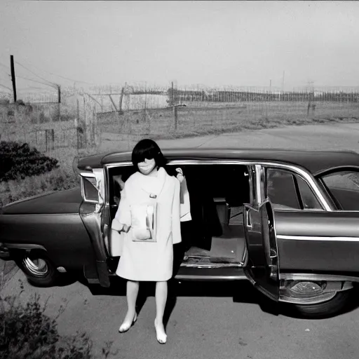 Prompt: 1960s press archive of the actress Choi Eun-Hee and director Shin Sang-ok coming out of a car, faces obscured, Reuters, 35mm film, film grain, mysterious exterior, underexposed