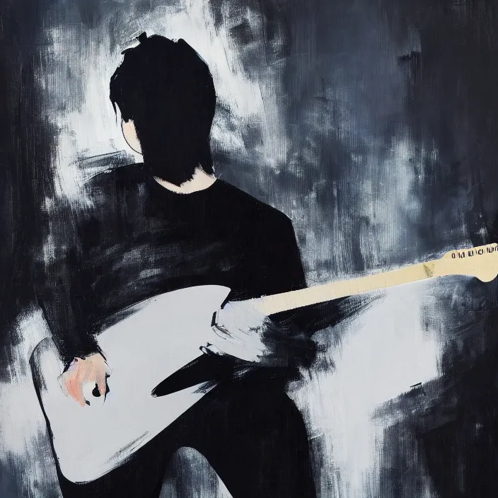 Image similar to large diagonal brush strokes, abstract dark painting of a young korean male musician wearing black tank top holding a telecaster!!! electric guitar!! in a dark room, thick flowing dramatic brush strokes, matte colors, abstract, impressionist, motion, trending on artstation