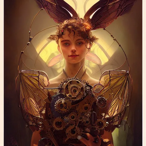 Image similar to portrait of a fairy with mechanical wings, wires and gears and machine, intricate, headshot, highly detailed, digital painting, artstation, concept art, sharp focus, cinematic lighting, illustration, art by artgerm and greg rutkowski, alphonse mucha, cgsociety