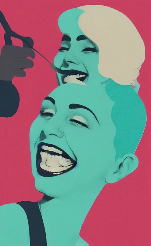 Image similar to illustration portrait of a woman with white pixie cut laughing out loud, art deco painting by tom whalen, funny meme photo, trending on behance, digital illustration, storybook illustration, grainy texture, flat shading, vector art, airbrush, pastel, watercolor, poster