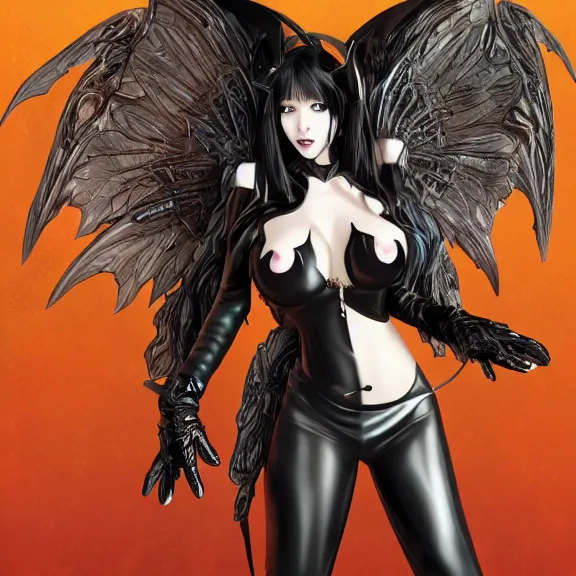 Prompt: portrait of a succubus with big wings and cleavage, in black leather pants, D&D, fantasy, highly detailed, digital art, artstation, smooth, sharp focus, illustration, art by Hirokazu Yokohara and Kago Shintaro