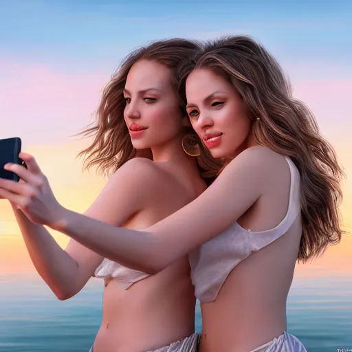 Image similar to beautiful serene intricate portrait of identical twin women, taking a selfie, smiling softly, relaxing on the beach, wearing casual clothes golden hour, soft focus, 8 k, art by irakli nadar, hyperrealism, hyperdetailed, ultra realistic