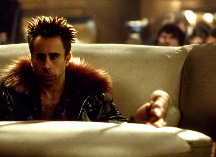 Prompt: film still of Sam Rockwell as Tyler Durden wearing big fur coat in Fight Club 1999