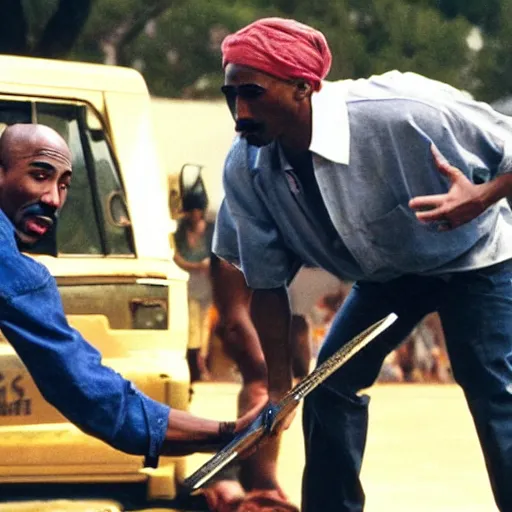 Image similar to tupac having an epic swordfight with obama, cinematography, action movie