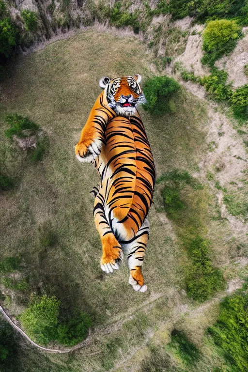 Prompt: realistic hairy tiger. the tiger is suspended by a large balloon parachute. the parachute is open. the tiger is is the middle of the air. the tiger is jumping from a mountain cliff. photo captured by a drone. wide angles lens. epic