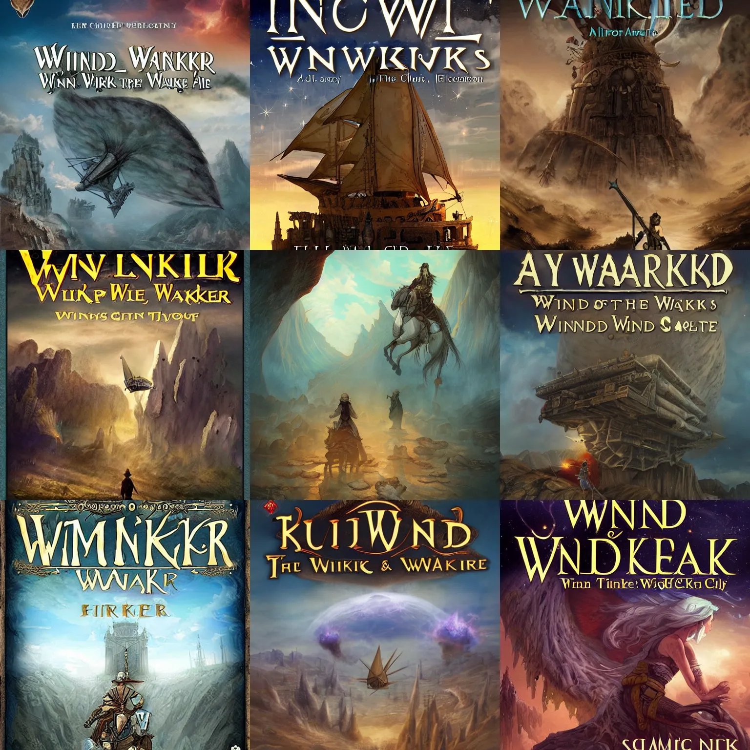 Prompt: Epic fantasy Book cover for The Wind Walker a fantasy adventure with airships, thieves and a steampunk city inside of a crater.