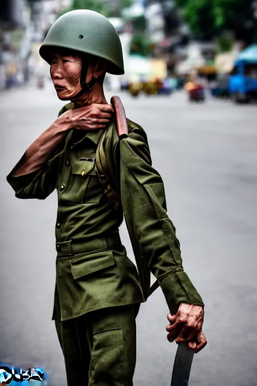 Image similar to vietnam soldier with skateboard, pulitzer award, captured by nikon d 8 5 0, 4 k, body features, face features, bokeh, proportional object features, by daniel berehulak and adnan abidi