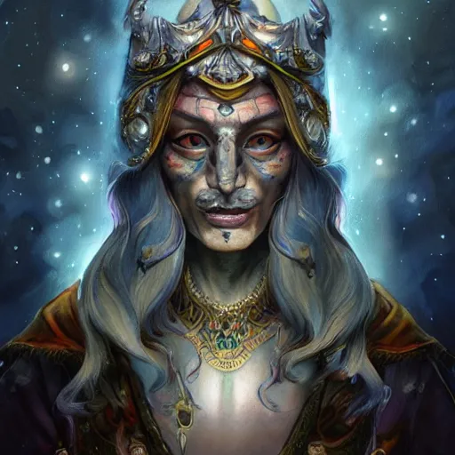 Image similar to an Artstation 3d render of Very very very very highly detailed beautiful mystic portrait of a phantom warrior with galaxy, tattoos by Anton Pieck, intricate, extremely detailed, digital painting, artstation, concept art, smooth, sharp focus, illustration, intimidating lighting, incredible art,