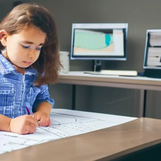 Prompt: a baby girl working CAD computer drafting, civil engineer, sitting at a desk