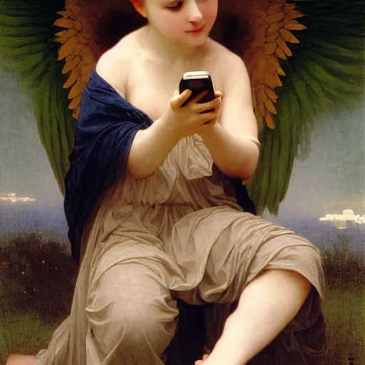 Prompt: an oil painting of an angel talking with an iPhone, by Bouguereau, highly realistic and intricate