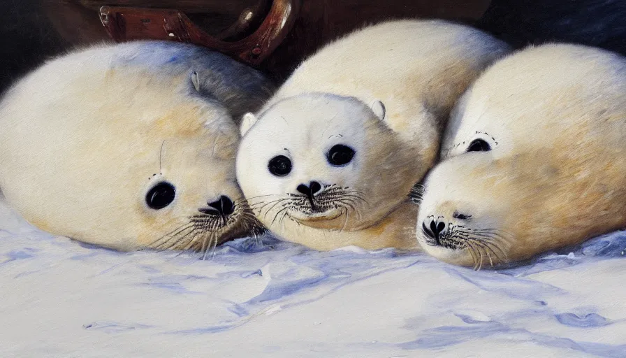 Prompt: highly detailed painting of cute furry white baby seals cuddling up in a fruit bowl with ice by william turner, thick brush strokes and visible paint layers, 4 k resolution
