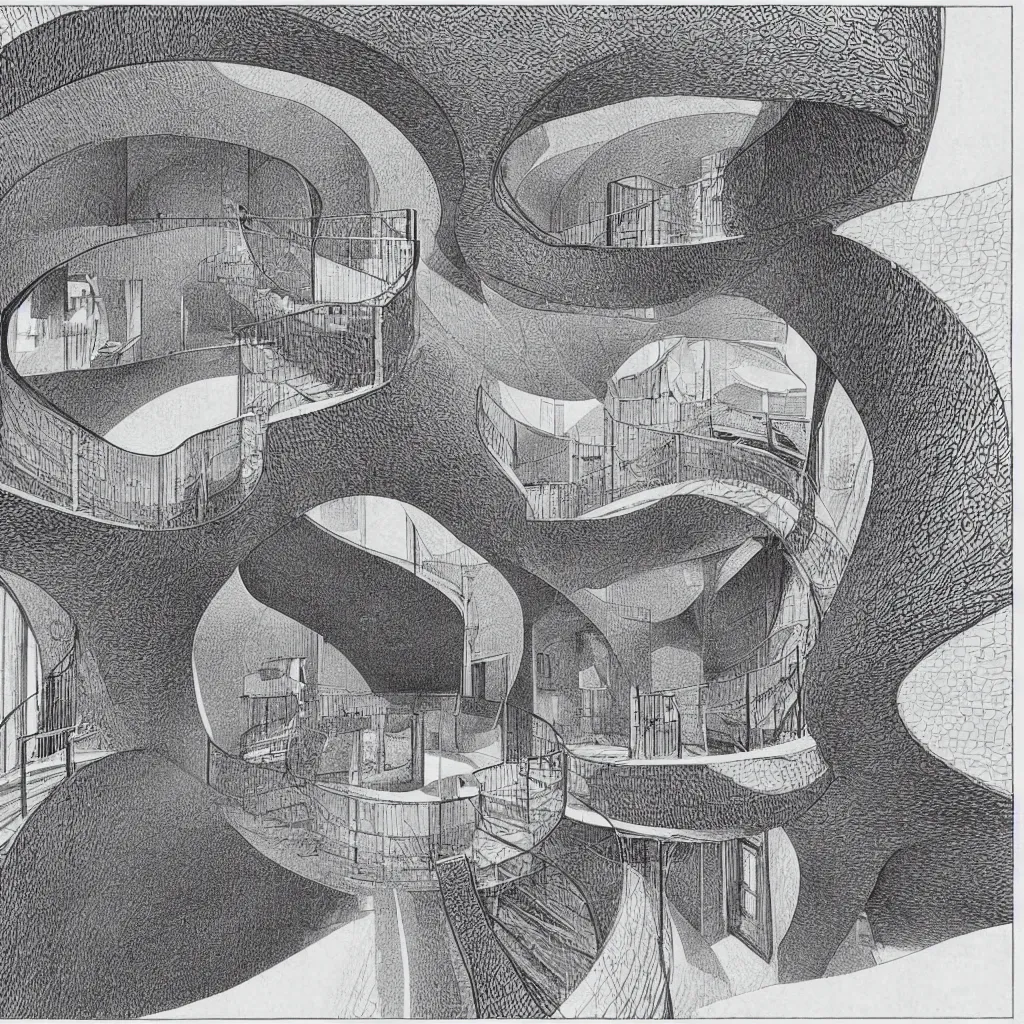 Image similar to detailed torus shaped house, illustrated by m. c. escher