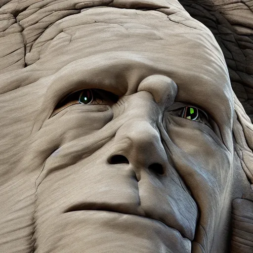 Prompt: highly detailed professional landscape painting of alien bust carved into the mountains in the style of mount rushmore, trending on artstation, ultra detail, atmospheric lighting, sci - fi, futuristic, cyberpunk