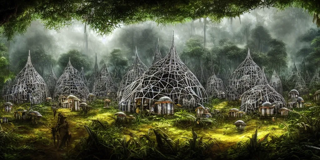 Image similar to a clearing in the jungle reveals a chrome metal village full of mushroom houses, matte oil painting, cybernetic, science fantasy, retrofuturistic, biblical, rpg, queer, pride, epic, extremely detailed, sharp focus, 4 k