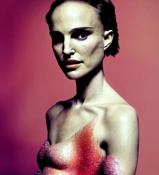 Prompt: photography american portrait of natalie portman, natural background, film noir lighting, natural fragile pose, wearing stunning dress by iris van herpen, with a colorfull makeup. highly detailed, skin grain detail, photography by paolo roversi, nick knight, helmut newton, avedon, araki