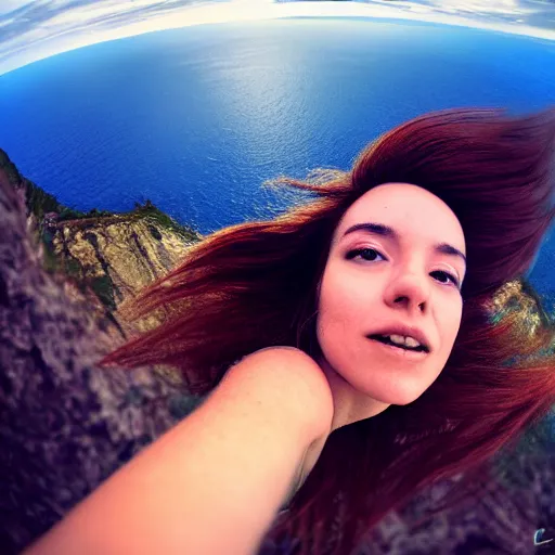 Prompt: Selfie!!!!! of a woman with gorgeous hair flowing in the wind, on a cliff!!!!!, first-person view, fisheye!!!!! lens!!!!!, photorealistic image, trending on artstation, 4k, 8k