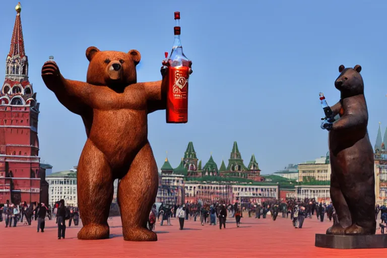 Image similar to a gigantic statue of bear holding a bottle of vodka in the middle of the red square, excited russians, symmetry, awesome exposition, very detailed, highly accurate, 8 k